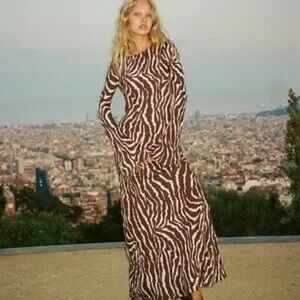 Realisation Par Brown & Cream Zebra-Print Long Sleeve Maxi Dress